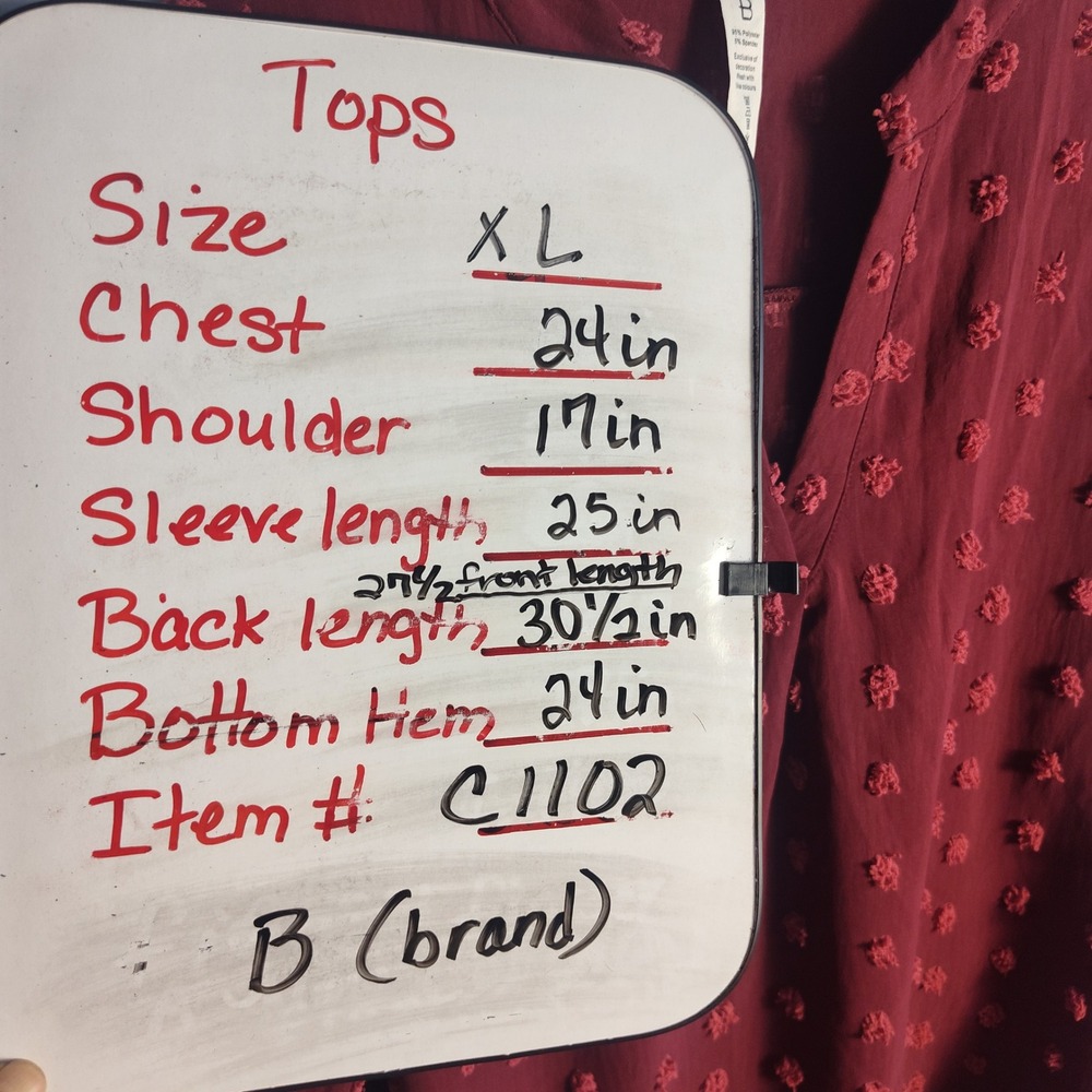 B Brand Womens XL Burgundy Swiss Dot Long Sleeve Smocked Cuff V-Neck Blouse Top - Picture 4 of 8